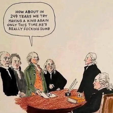 A historical cartoon depicts several Founding Fathers seated around a wooden table, with one man in a green coat speaking. A…