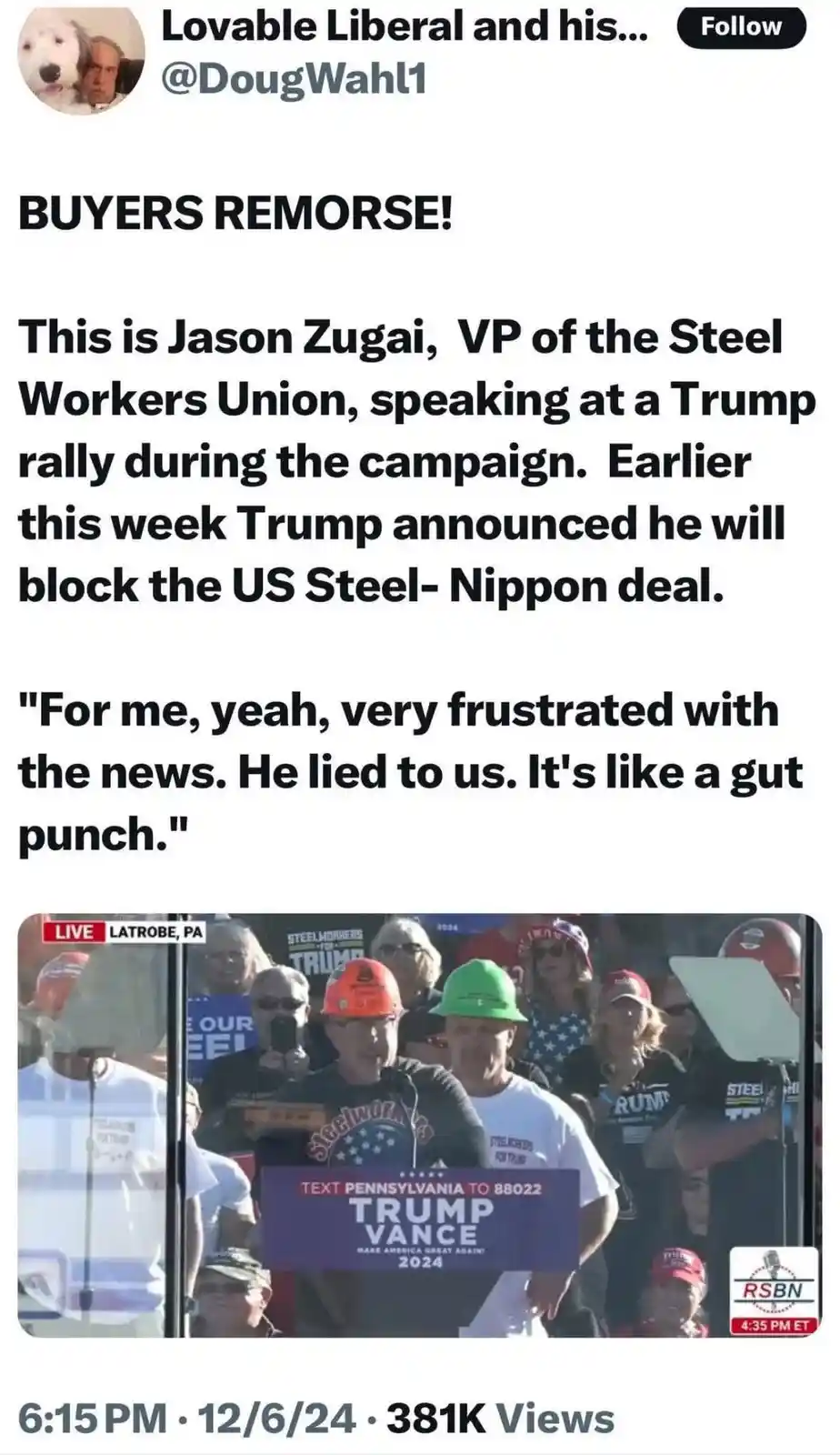 A screenshot of a social media post featuring a photo of Jason Zugai, VP of the Steel Workers Union, speaking at a Trump…