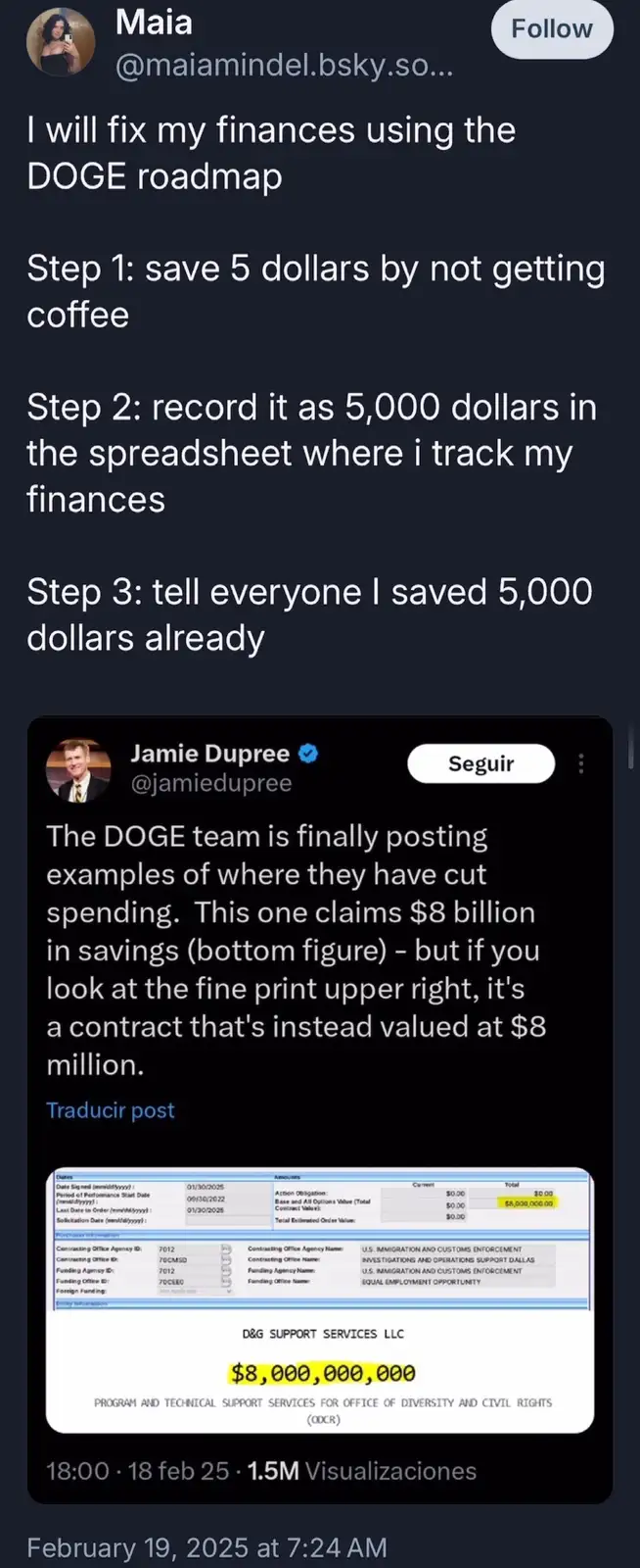 A screenshot of a social media post showing a person's satirical 'DOGE roadmap' for fixing finances, which involves saving…