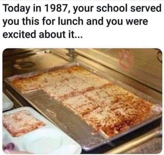 A photo shows a large metal tray filled with square-cut, thin-crust pizza slices, some with visible cheese and sauce…