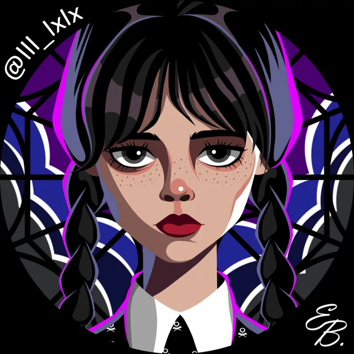 A stylized digital illustration of a young woman with black braided hair, freckles, red lips, and a nose ring, wearing a…