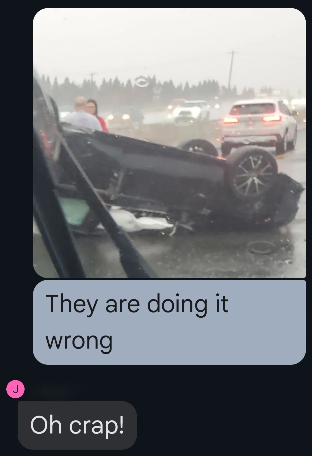 A screenshot of a text conversation shows a person reacting to a photo of a car accident. The photo depicts a black car…