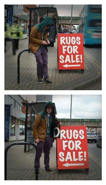 Two-panel image shows a person in a brown jacket and hoodie standing next to a red sign. In the top panel, the sign reads…