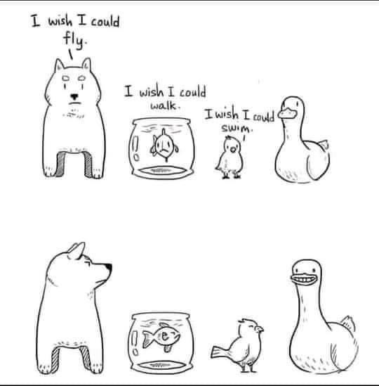 A black-and-white cartoon shows four animals with their wishes: a dog wishes to fly, a fish in a bowl wishes to walk, a bird…