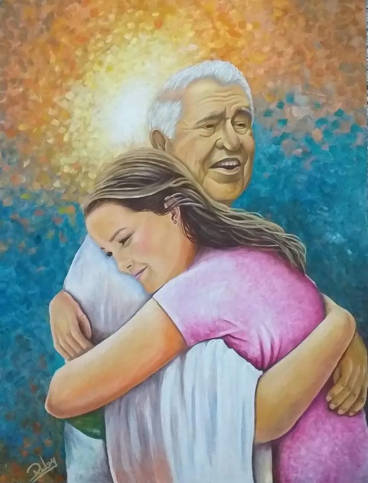 A painting depicts an elderly man with white hair and a joyful expression embracing a young woman in a pink shirt. The…