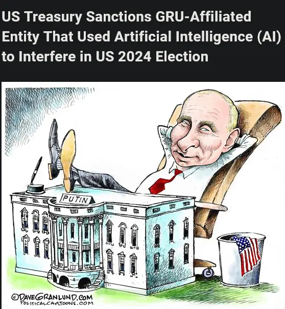 A political cartoon shows a caricature of Vladimir Putin lounging in a recliner, with his feet propped up on a model of the…