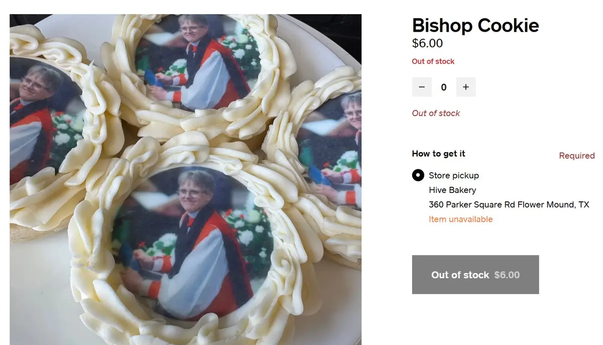 A product listing for 'Bishop Cookie' priced at $6.00, showing the item is out of stock. The image displays several cookies…