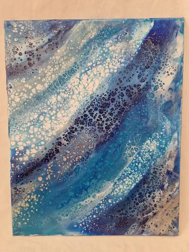 A square canvas painting with abstract blue, teal, and white swirls and bubble-like patterns, resembling cosmic or cellular…