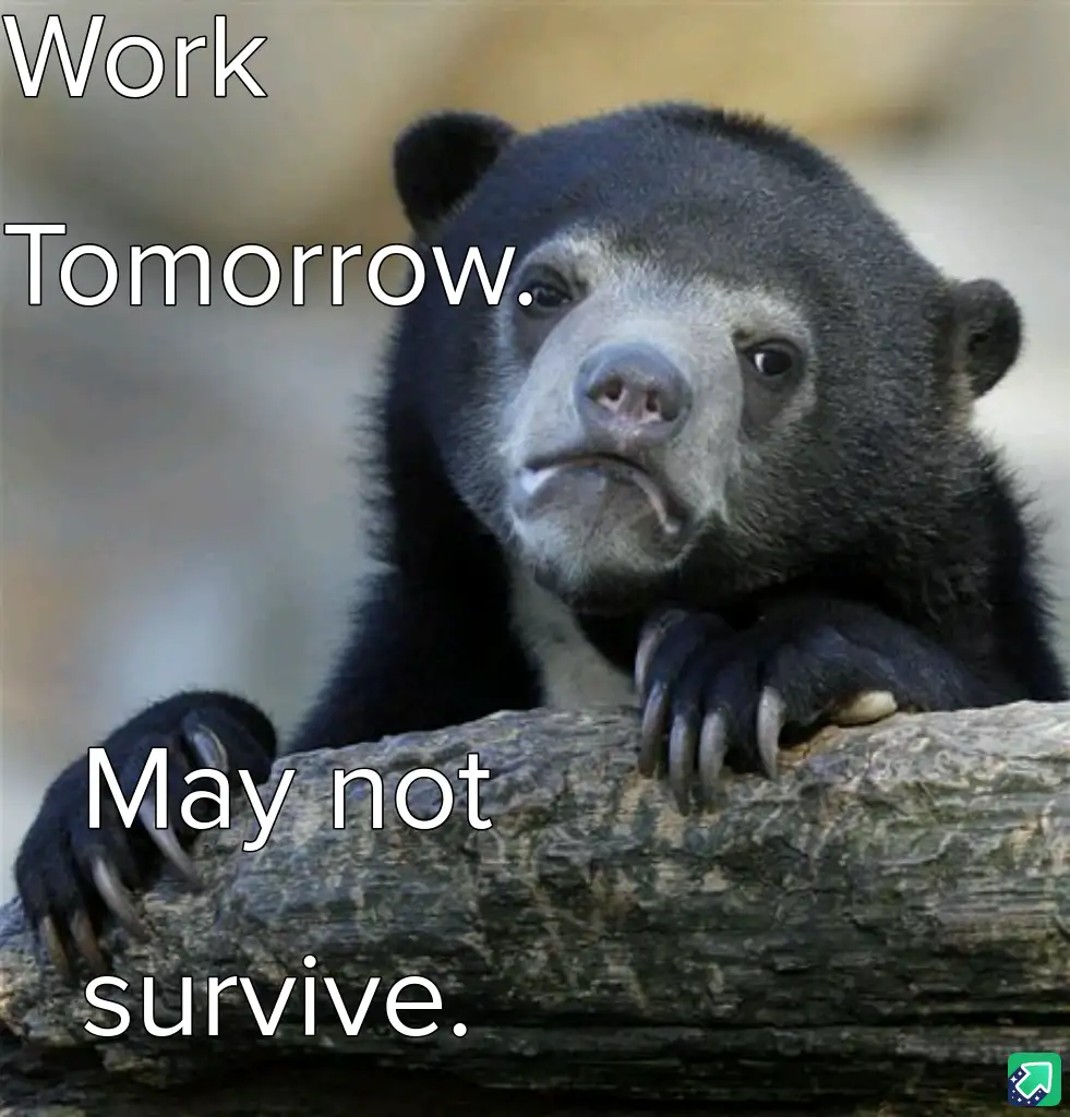 A close-up photo of a sad-looking spectacled bear resting its paws on a log, with white text overlaid that reads 'Work…