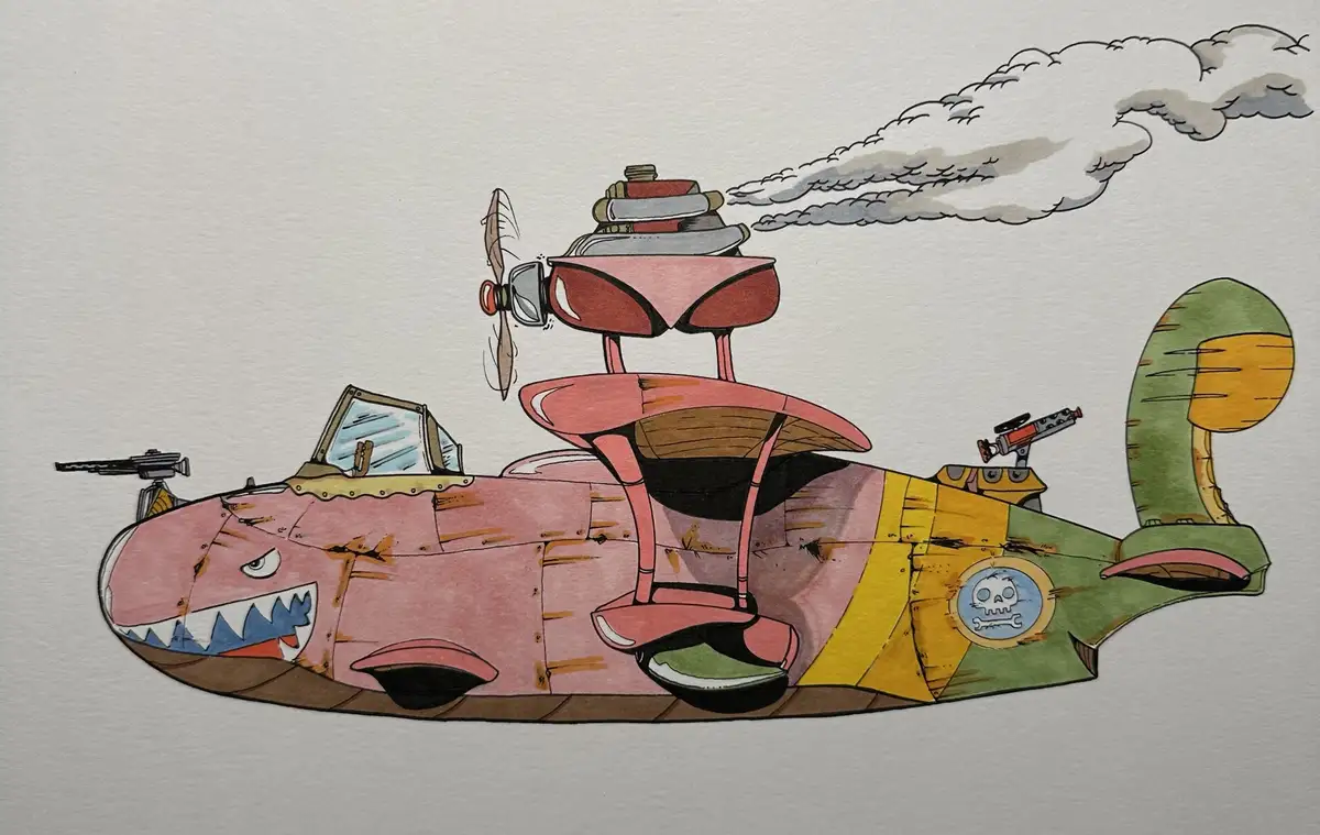 A cartoonish, heavily modified pink fighter plane with a shark mouth on the nose, multiple guns, and a smoking engine, has…