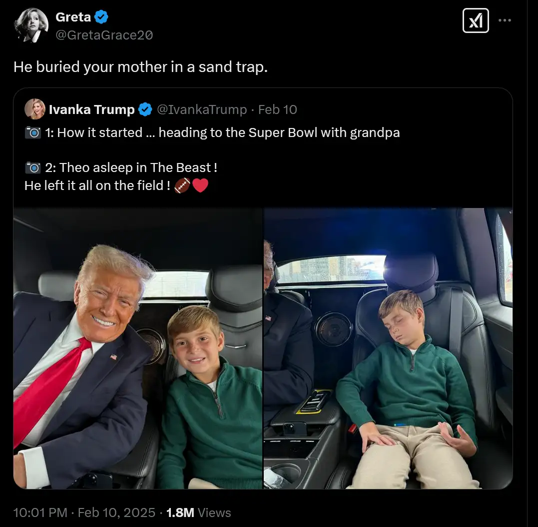 A screenshot of a tweet by Greta Grace20 shows a split image: on the left, Donald Trump and his grandson Theo are smiling in…