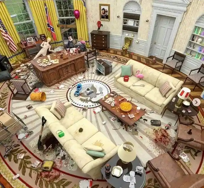 An overhead view of the Oval Office in a state of extreme disarray, with trash, spilled food, broken furniture, and a naked…