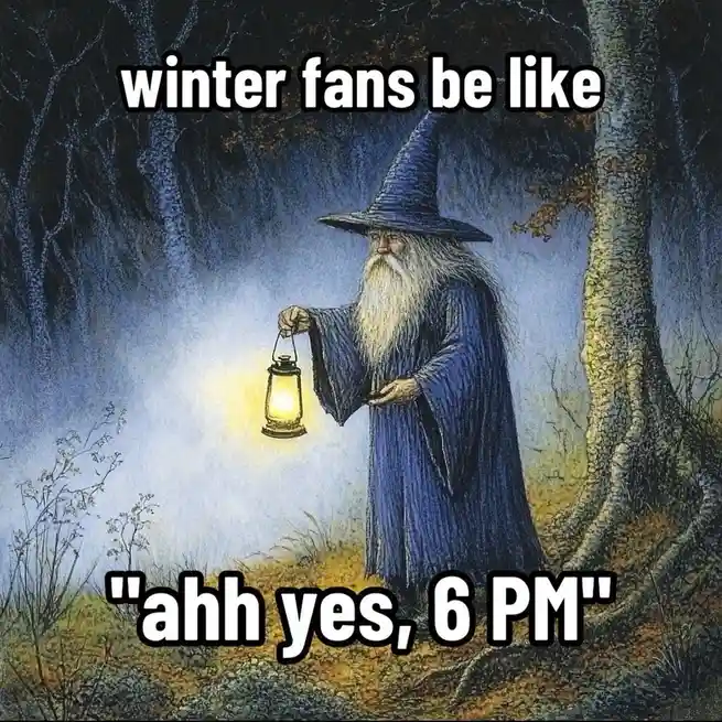 A wizard in a blue robe and pointed hat holds a glowing lantern in a dark, misty forest. The text at the top reads 'winter…