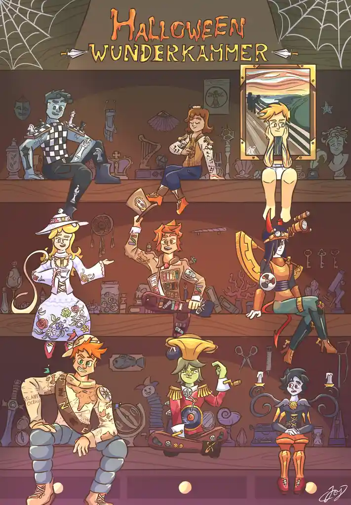 A Halloween-themed illustration titled 'Halloween Wunderkammer' shows seven cartoon characters sitting on wooden shelves in…