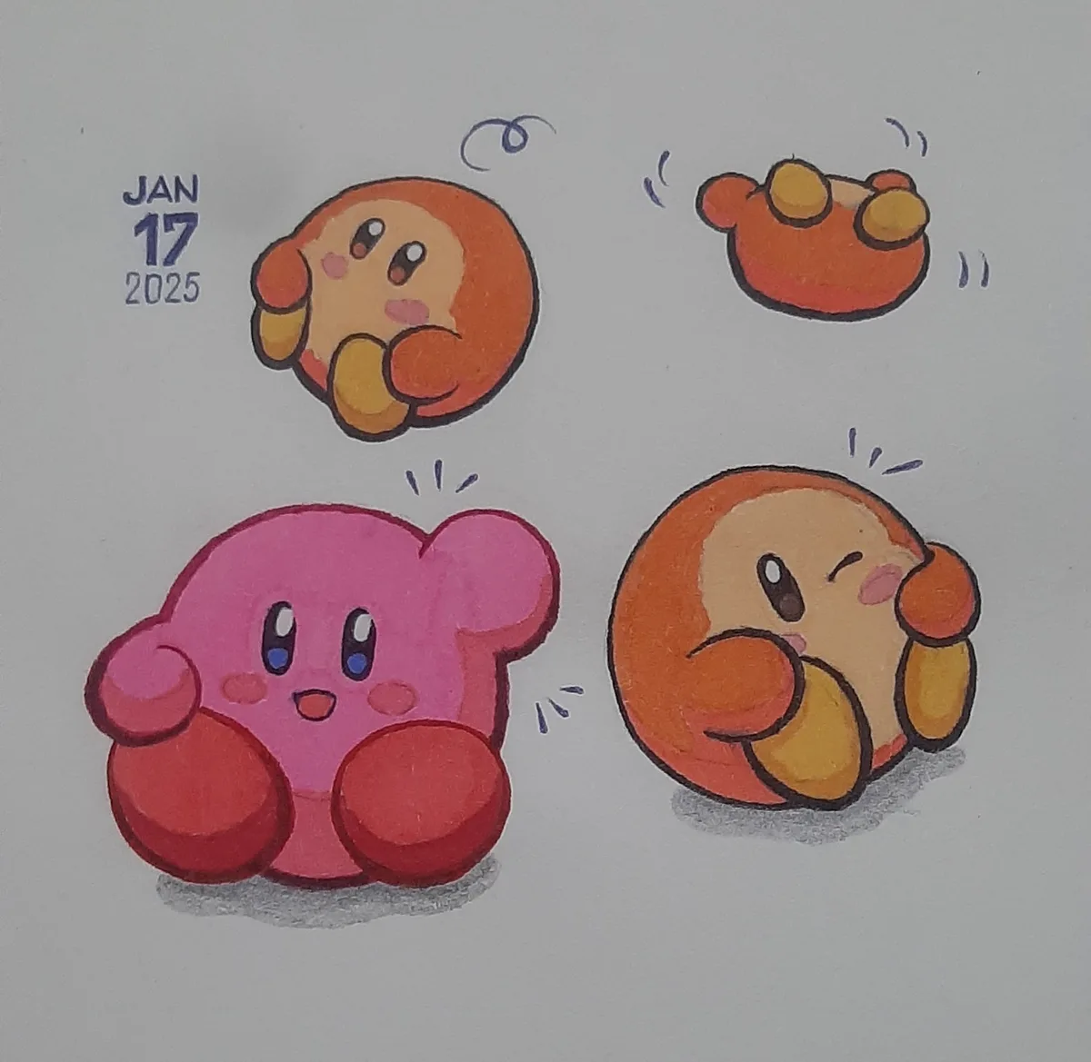 A hand-drawn image shows four depictions of the video game character Kirby: one pink Kirby sitting normally, and three…