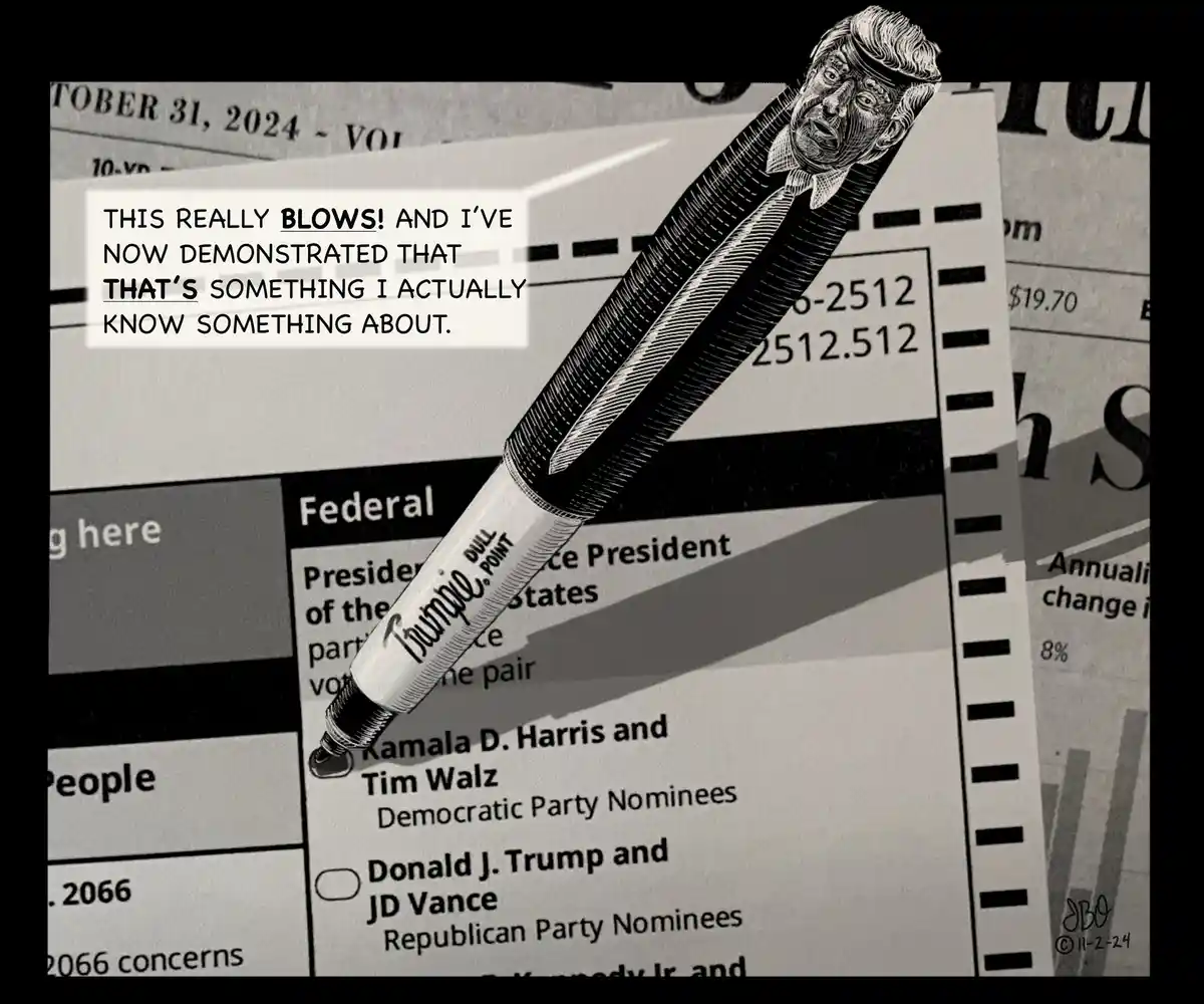 A black-and-white image shows a stylized pen with Donald Trump's face on the cap, poised over a ballot. The ballot lists…