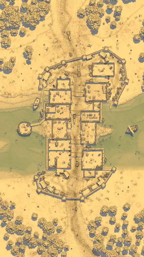 This is a top-down, stylized map of a settlement from the video game Fallout 4, showing a layout of rectangular buildings…