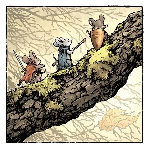 Three anthropomorphic mice in fantasy roles stand on a mossy tree branch: one in red with a sword, one in blue with a staff…
