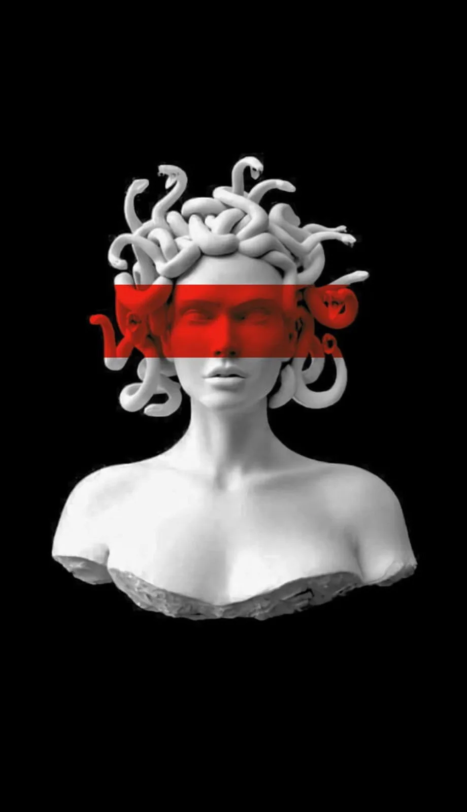A black-and-white marble bust of the greek mythological figure medusa, whose head is covered by a red horizontal stripe…