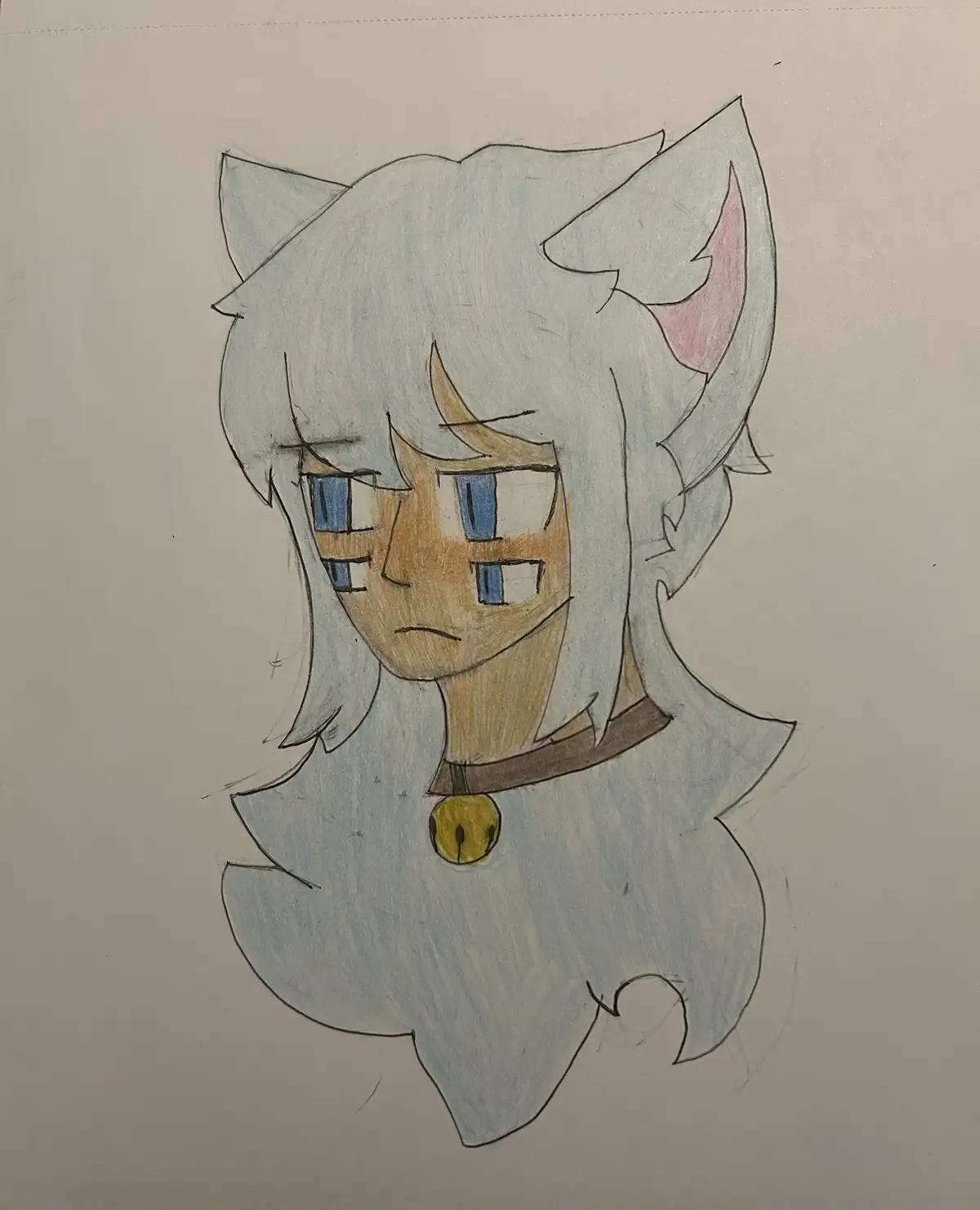 A hand-drawn colored pencil illustration of an anthropomorphic character with light blue hair, cat ears (one with pink inner…