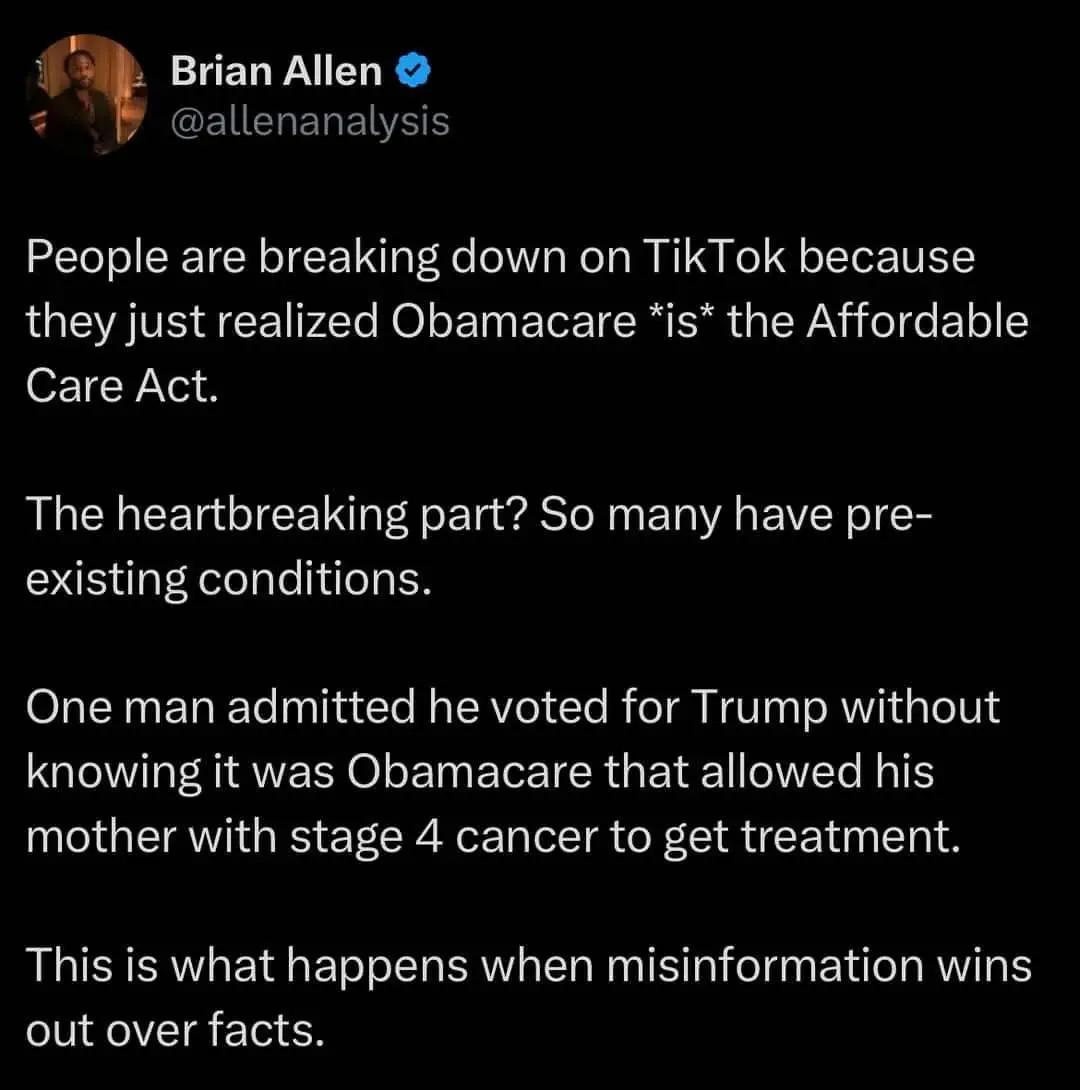 A screenshot of a tweet by Brian Allen (@allenanalysis) with white text on a black background. The tweet describes people…