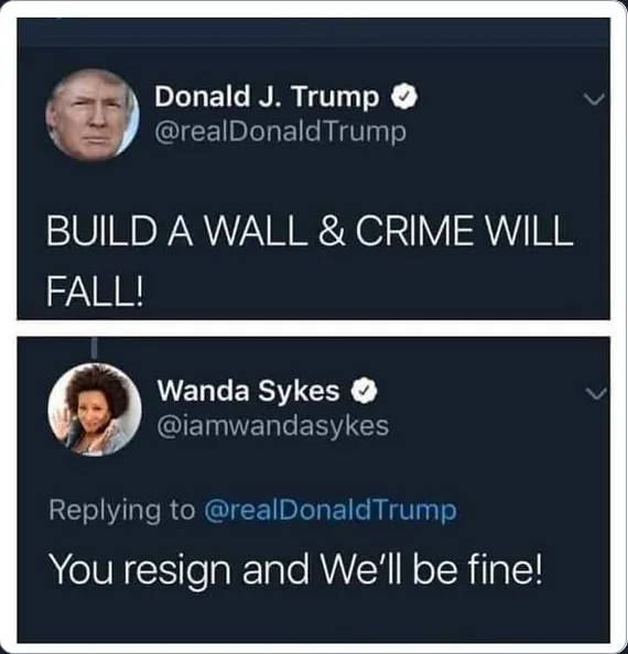 The image shows two Twitter posts. The top post is from Donald J. Trump, who says 'BUILD A WALL & CRIME WILL FALL!'. The…