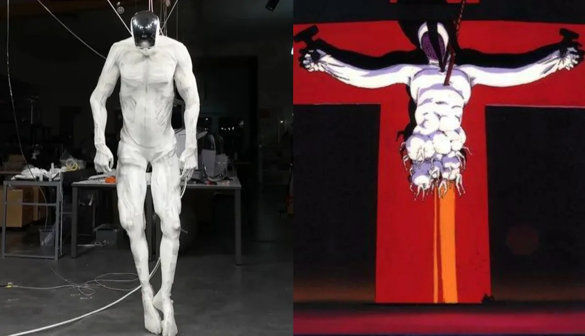 The image is split: left side shows a white, muscular humanoid robot with a reflective black helmet standing in a workshop…
