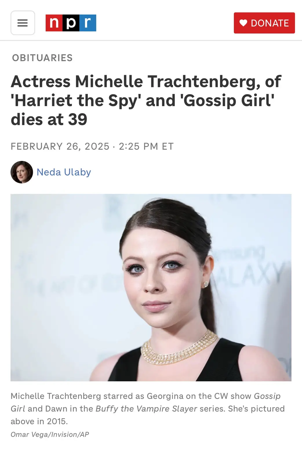 A screenshot of an NPR obituary article announcing the death of actress Michelle Trachtenberg at age 39, featuring a photo…