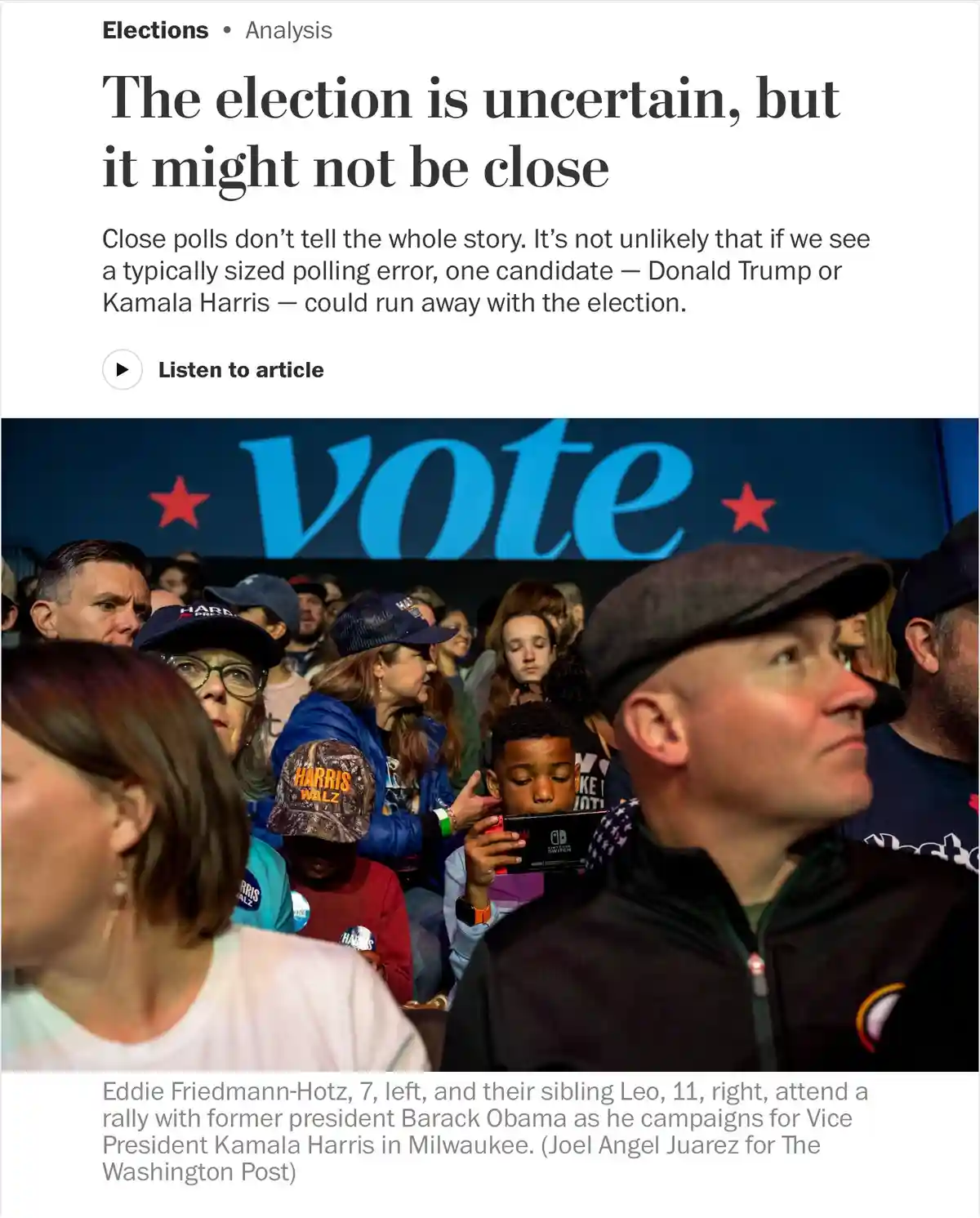 A news article screenshot shows a crowd at a political rally under a large blue 'vote' sign with red stars. People wear…