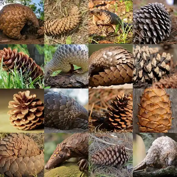 A 4x4 grid collage showing various pangolins and pinecones, with the overlaid text 'pinecone' humorously implying they look…