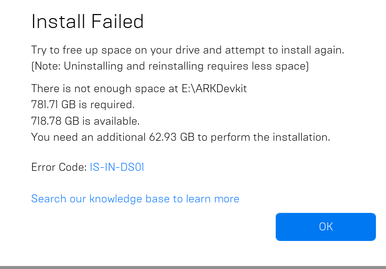 A screenshot of a software installation error message stating 'Install Failed' due to insufficient disk space on drive…