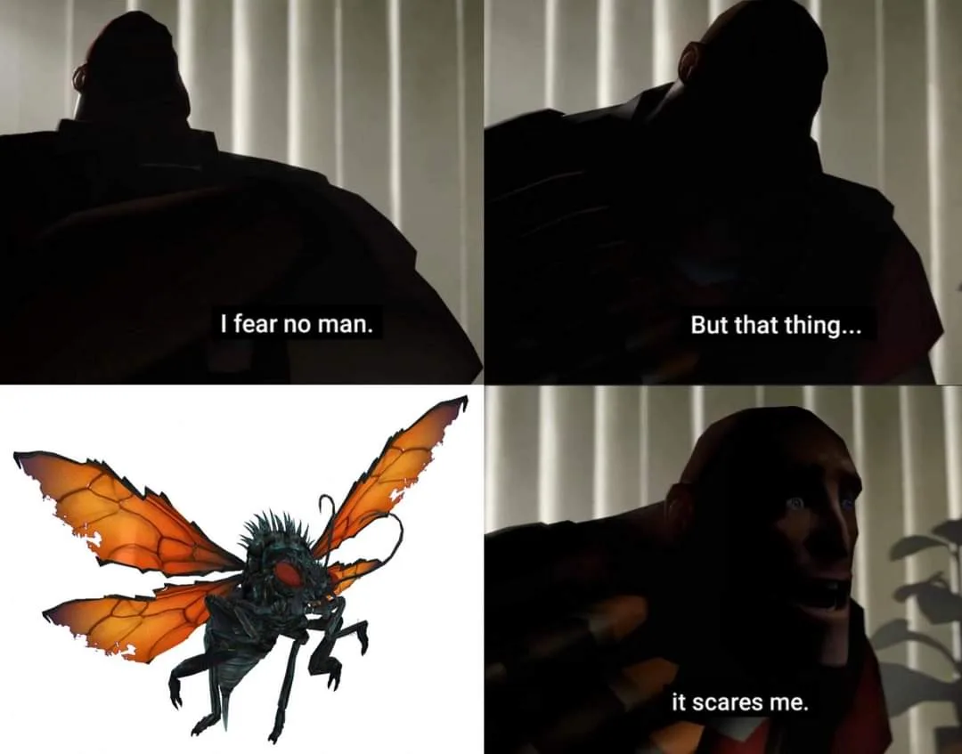 A four-panel meme showing a muscular man in silhouette declaring 'I fear no man,' then hesitating as he looks at a grotesque…