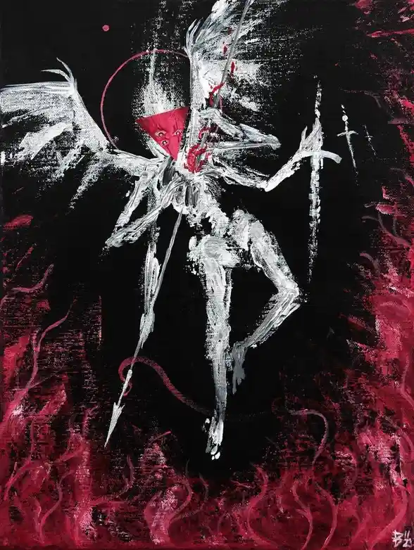 A dark, abstract painting depicts a skeletal, winged figure with a red triangular face and red heart, holding a sword and…