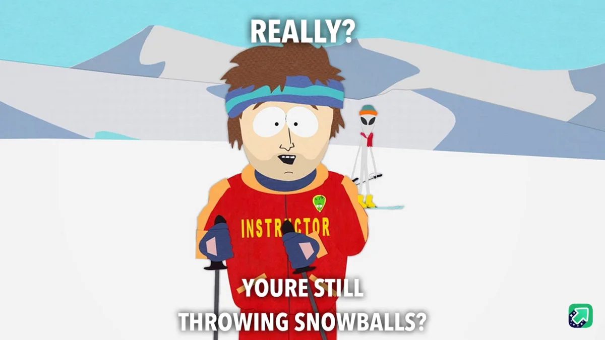 A cartoon character in a red ski instructor jacket with 'INSTRUCTOR' written on it, holding ski poles, looks incredulous at…