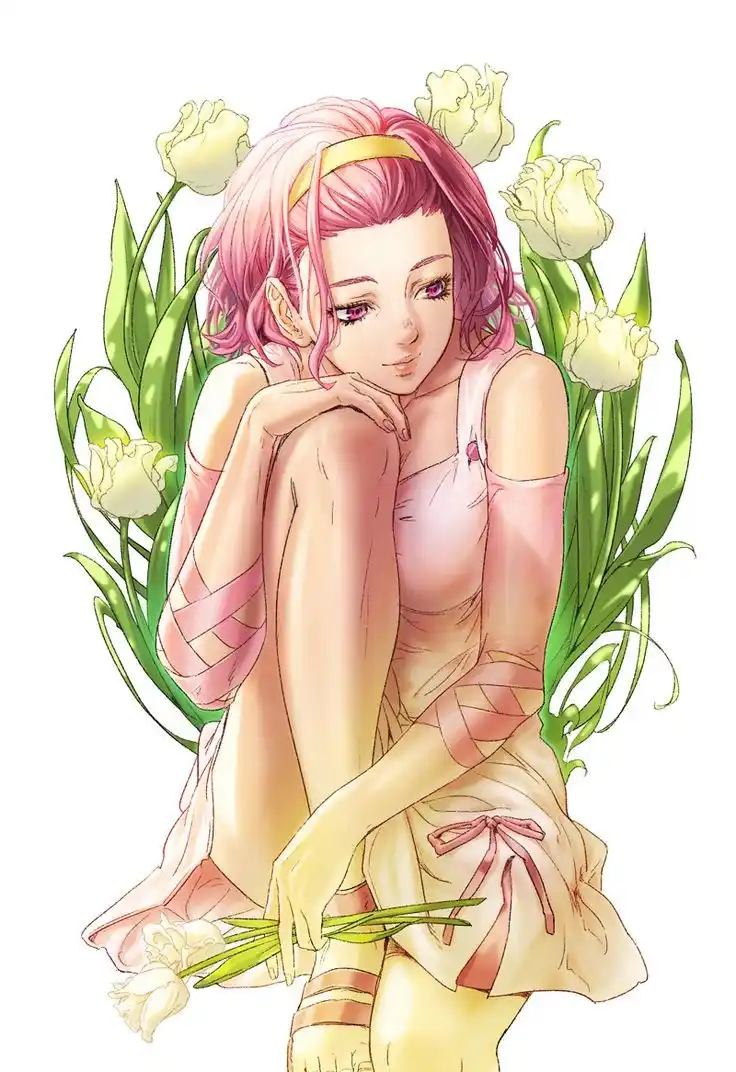 An anime-style illustration of a pink-haired woman in a pink and yellow dress, sitting among white tulips with her hand on…