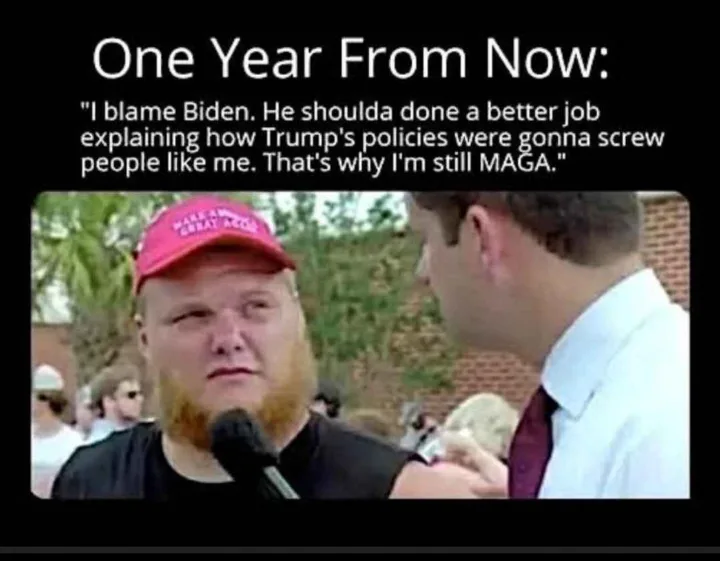 A man with a red 'Make America Great Again' cap and a reddish beard is being interviewed, looking unimpressed. The overlaid…