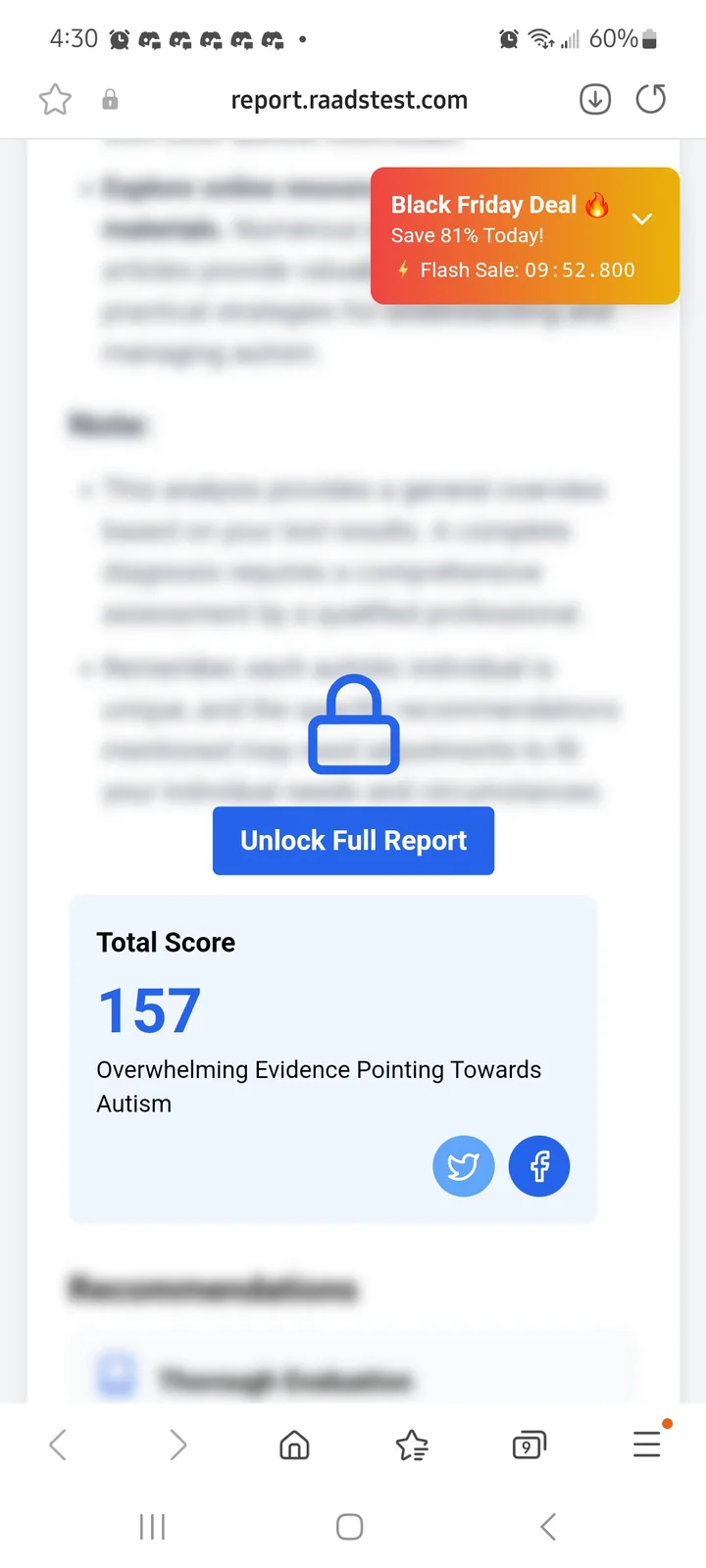 A screenshot of a mobile web page showing a 'Total Score 157' with the text 'Overwhelming Evidence Pointing Towards Autism'…