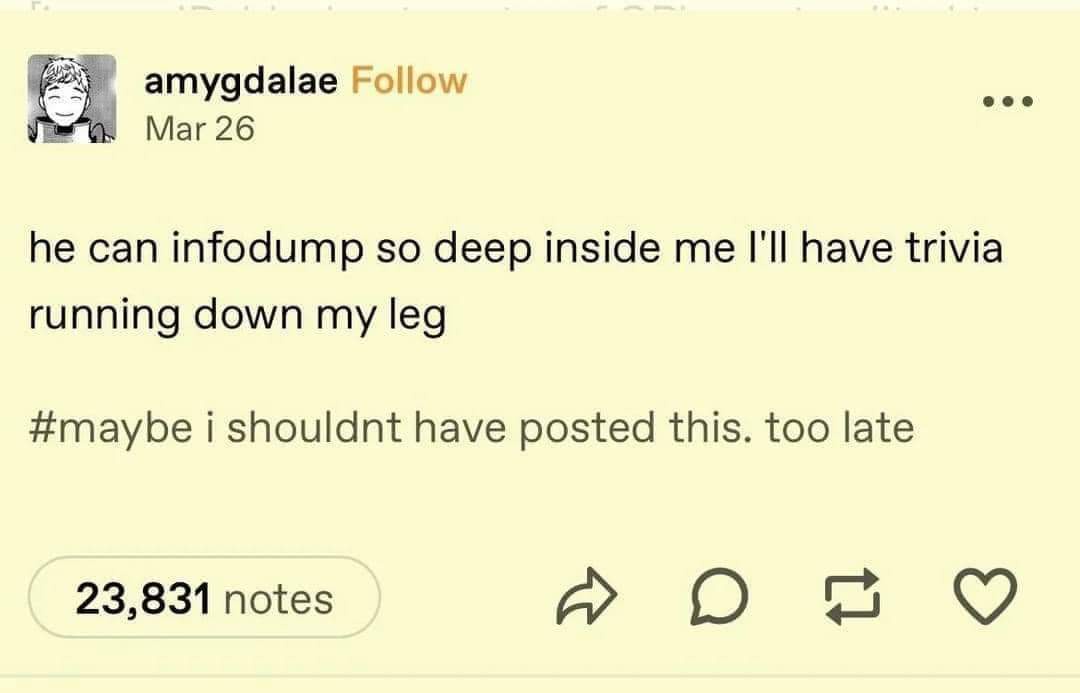A screenshot of an Instagram post by user 'amygdalae' dated March 26, showing a light yellow background with black text. The…
