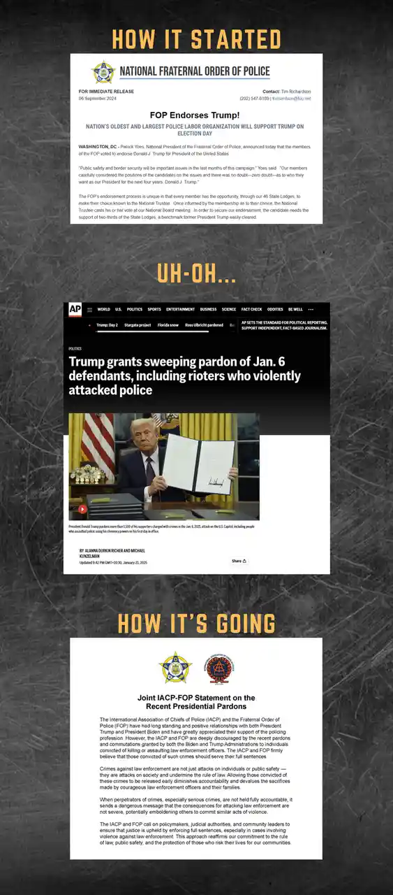 The image is a three-part meme showing a fake press release from the National Fraternal Order of Police endorsing Trump…