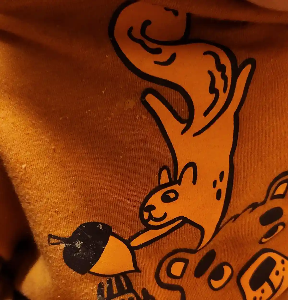 A close-up of a brown t-shirt with a cartoon illustration of a squirrel holding an acorn. The squirrel is drawn in a simple…