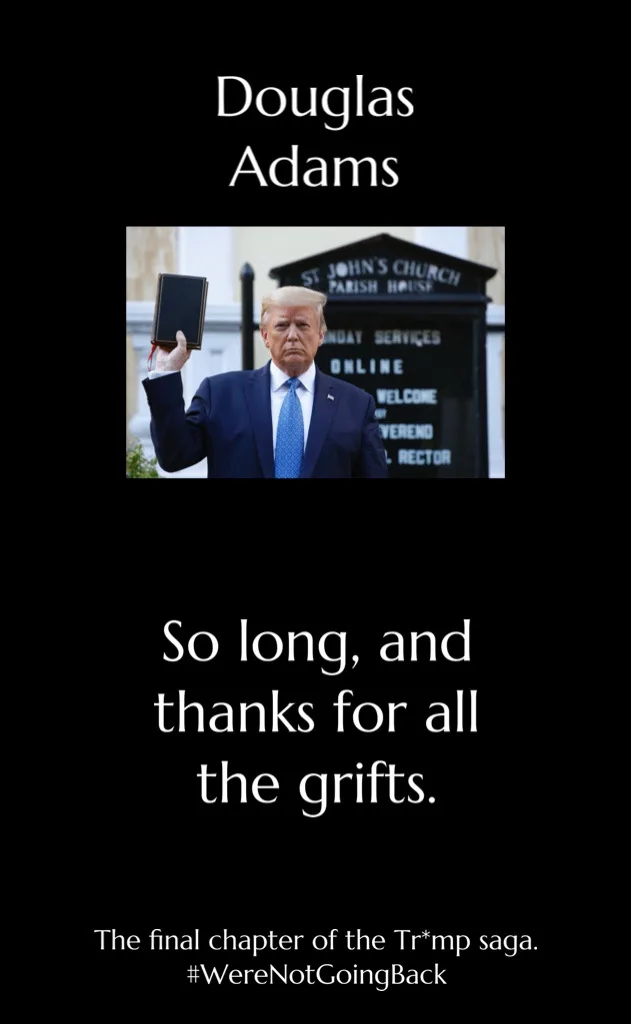 A black-background image features a photo of Donald Trump holding a Bible in front of St. John's Church. Above the photo…