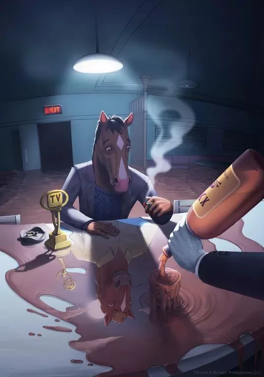 A cartoon horse with a human body, BoJack Horseman, sits at a table in a dimly lit room, looking dejected. A golden TV award…