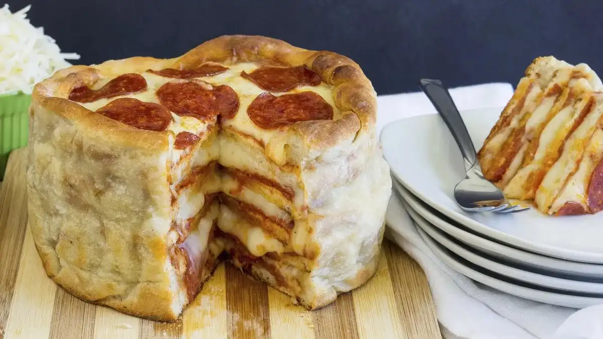 a round, deep-dish pizza is sliced to reveal multiple layers of cheese, sauce, and pepperoni, resembling a layered cake. A…
