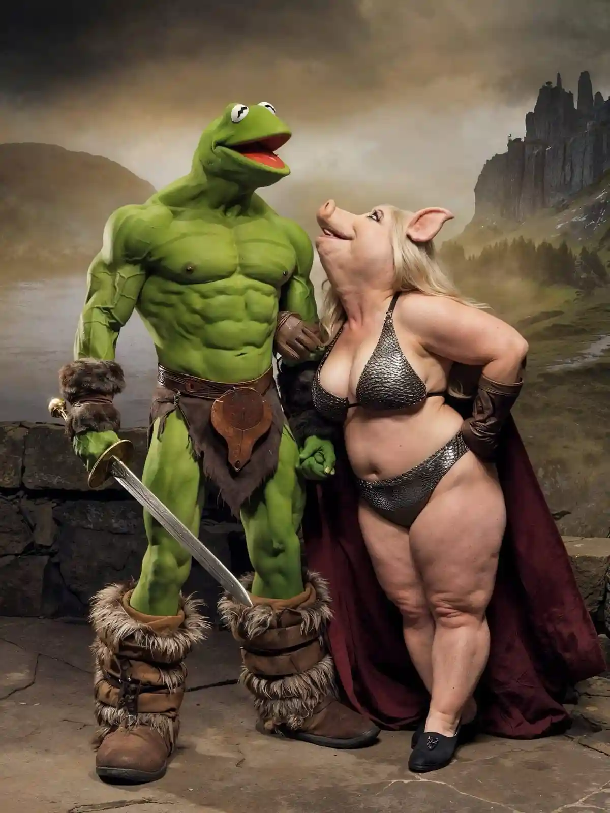A muscular, green Kermit the Frog in fantasy warrior gear holding a sword stands beside a muscular, blonde Piggy in a…