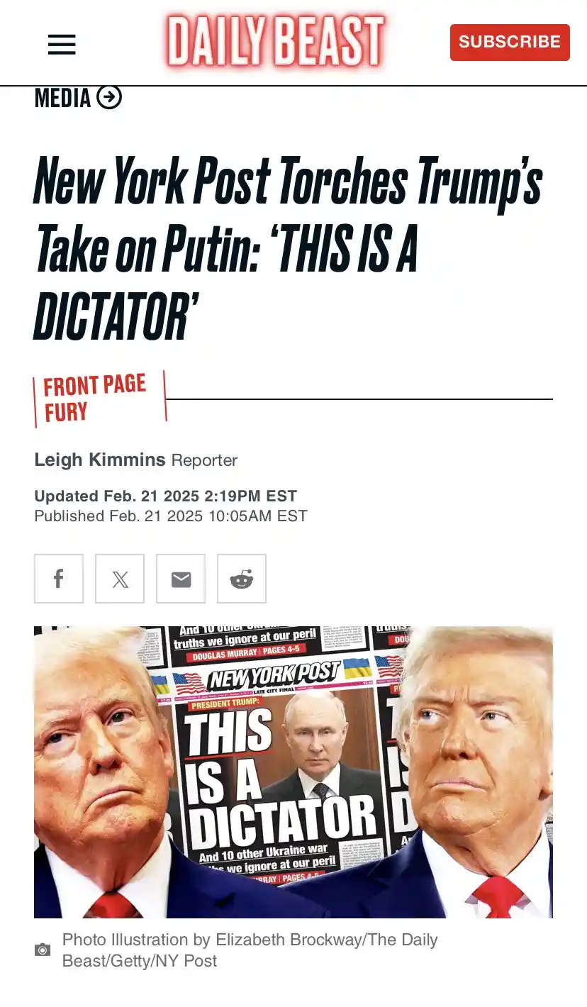 The image shows a screenshot of a Daily Beast article with the headline 'New York Post Torches Trump's Take on Putin: THIS…