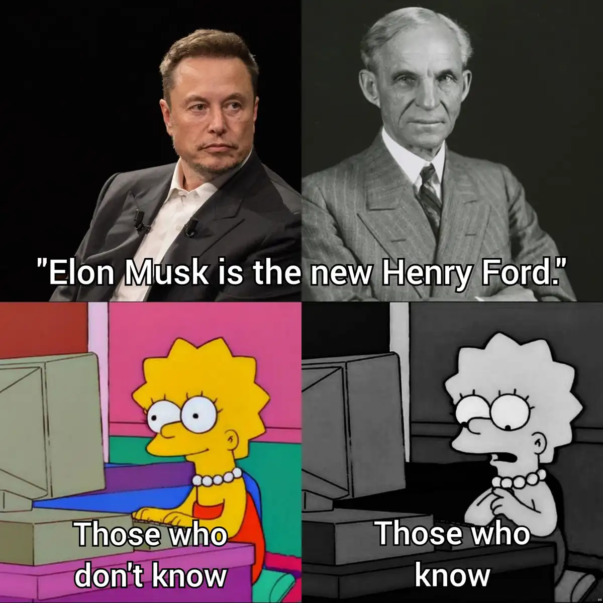 The image is a four-panel meme. Top left shows Elon Musk looking skeptical. Top right shows a black-and-white photo of Henry…