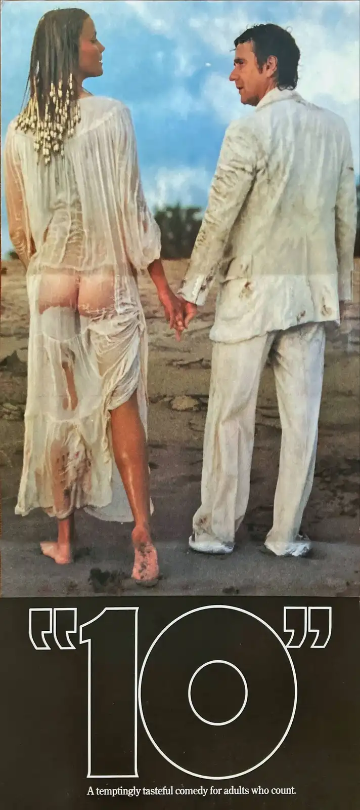 A vintage movie poster for the film '10' shows a man and woman in dirty white outfits holding hands on a beach, with the…