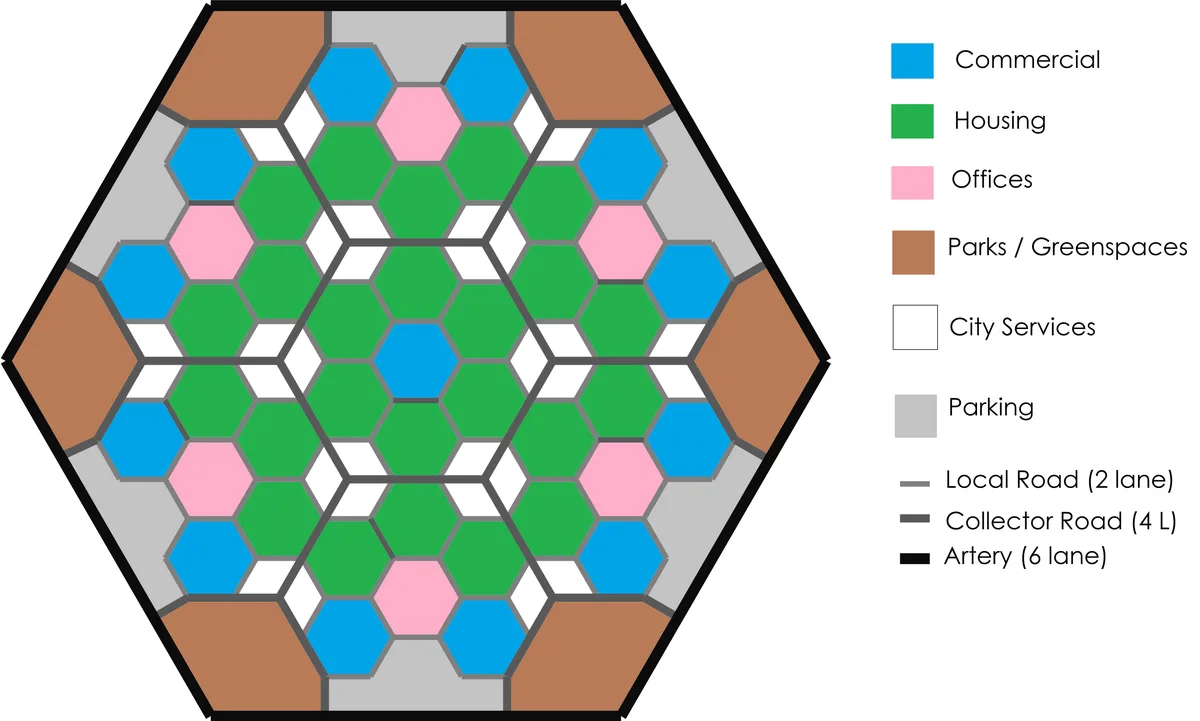 A hexagonal city zoning map divided into colored hexagons representing different land uses like commercial, housing…