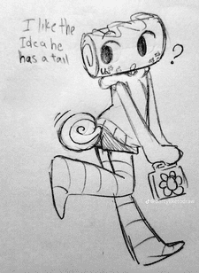A rough pencil sketch shows a cartoonish, bipedal creature with a large head, big eyes, and a long, curled tail. The…