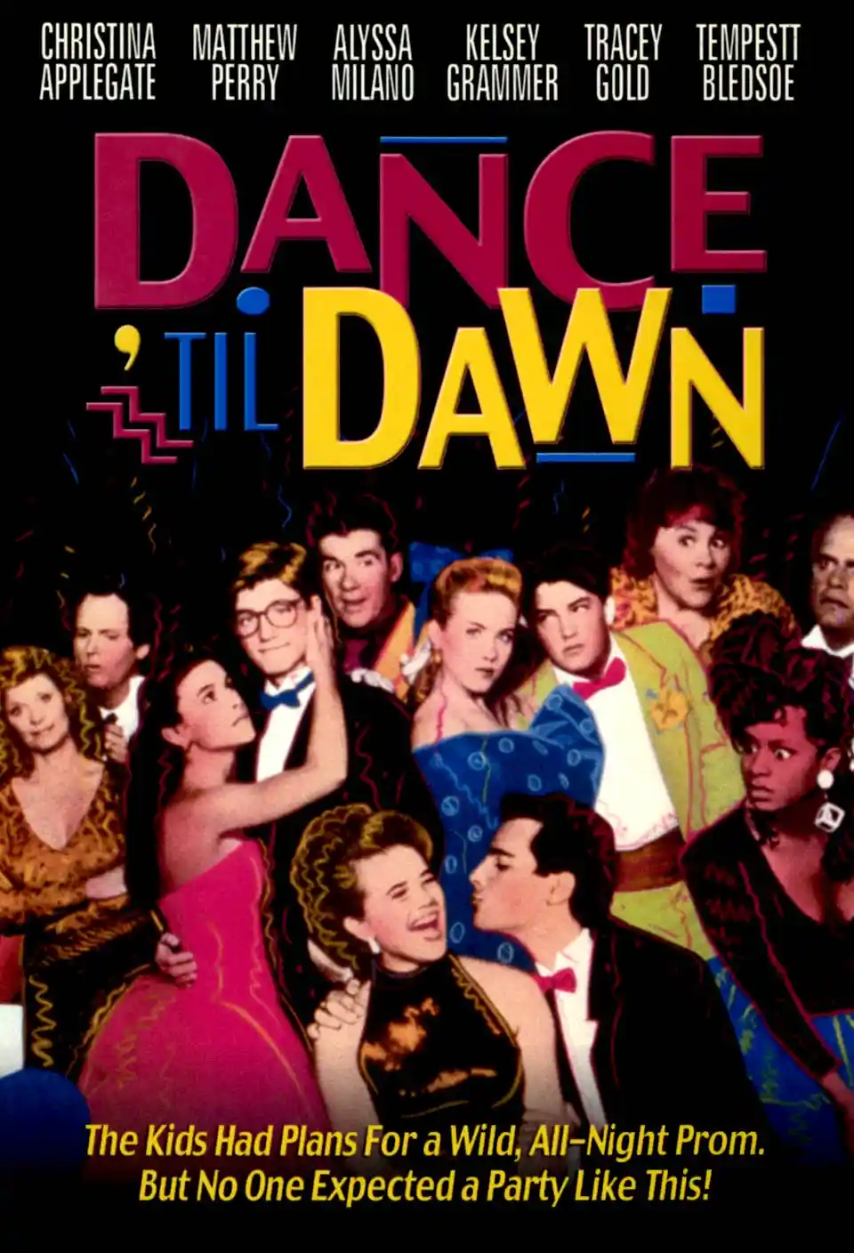 This image is a movie poster for 'Dance 'Til Dawn,' featuring a group of young people in formal attire at a party. The…